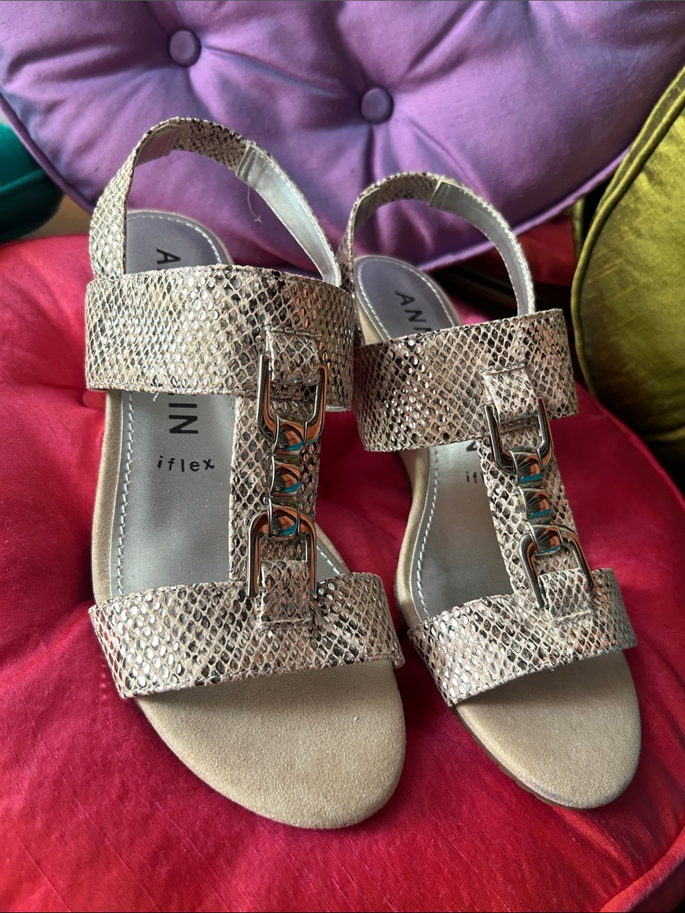 Anne Klein Gold Snake-Print Slingback Sandals